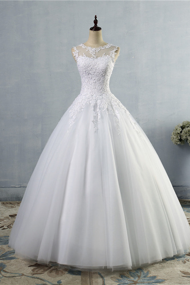 Ball Gown Jewel Tulle Lace Wedding Dress White Appliques Sleeveless Bridal Gowns On Sale (ZD17458)