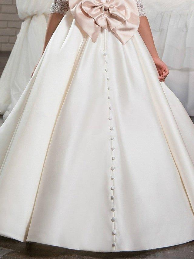 Ball Gown Lace Satin Sweep Brush Train Wedding Birthday Pageant Flower Girl Dresses with Sleeves - View 3 | VelvetHem