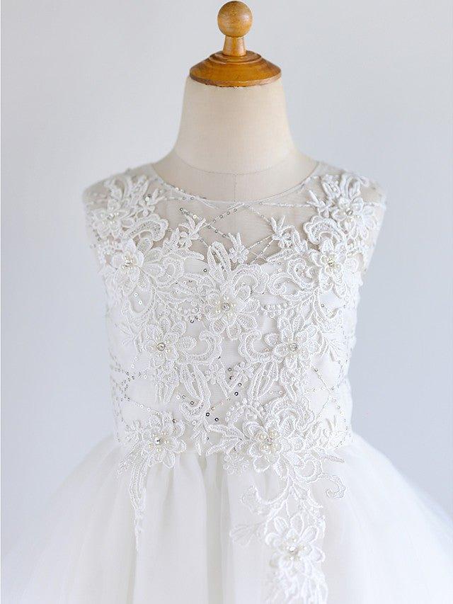 Ball Gown Lace Tulle Sleeveless Jewel Neck Asymmetrical Wedding First Communion Birthday Flower Girl Dresses - View 3 | VelvetHem
