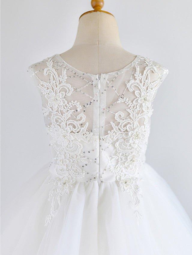 Ball Gown Lace Tulle Sleeveless Jewel Neck Asymmetrical Wedding First Communion Birthday Flower Girl Dresses