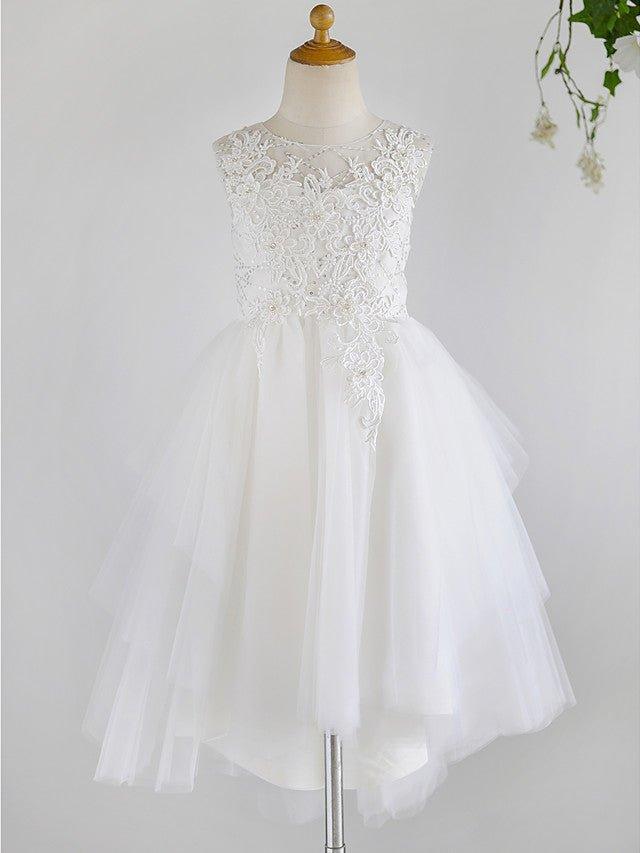 Ball Gown Lace Tulle Sleeveless Jewel Neck Asymmetrical Wedding First Communion Birthday Flower Girl Dresses - VelvetHem
