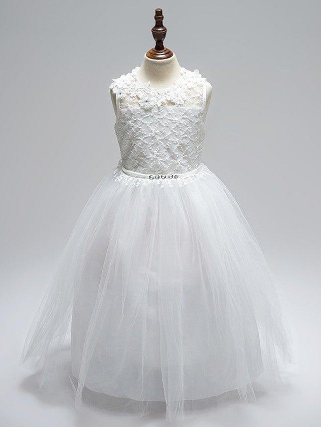 Ball Gown Lace Tulle Sleeveless Jewel Neck First Communion Long Flower Girl Dresses - VelvetHem