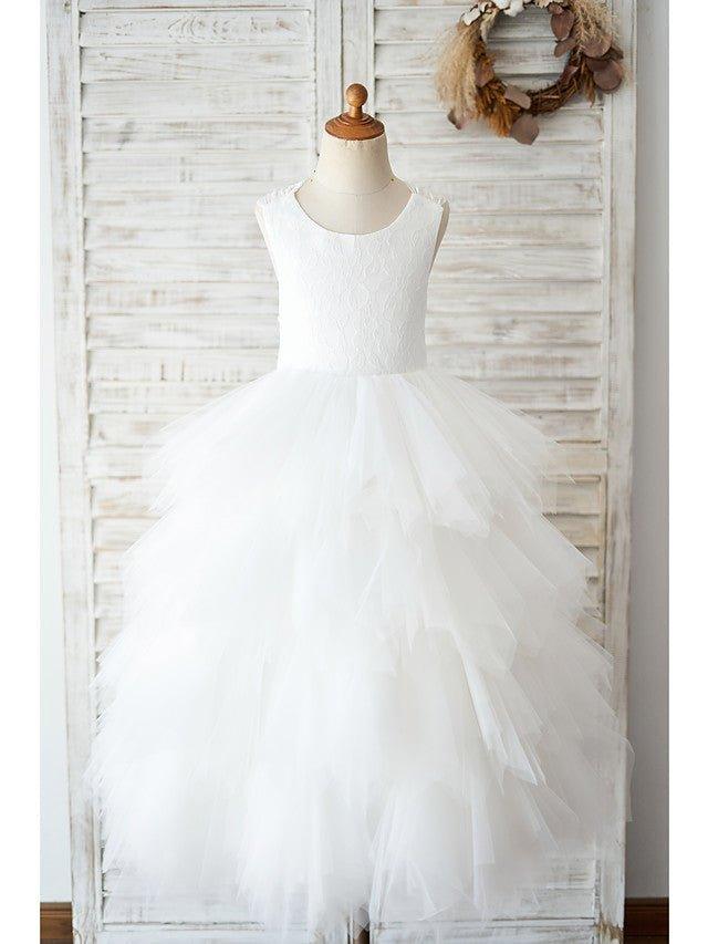 Ball Gown Lace Tulle Sleeveless Jewel Neck Wedding Birthday Flower Girl Dresses - VelvetHem