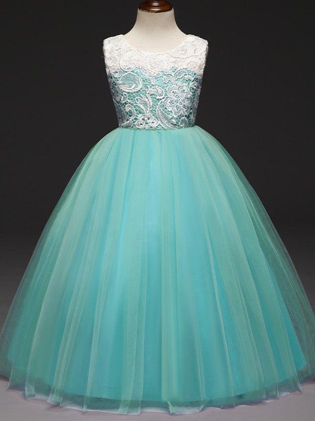 Ball Gown Lace Tulle Sleeveless Jewel Neck Wedding Party Flower Girl Dresses - View 3 | VelvetHem