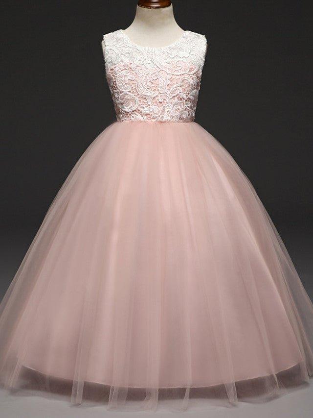 Ball Gown Lace Tulle Sleeveless Jewel Neck Wedding Party Flower Girl Dresses - VelvetHem