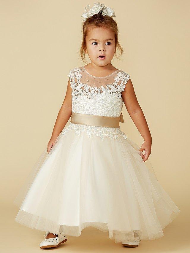 Ball Gown Lace Tulle Sleeveless Jewel Neck Wedding Party Pageant Flower Girl Dresses