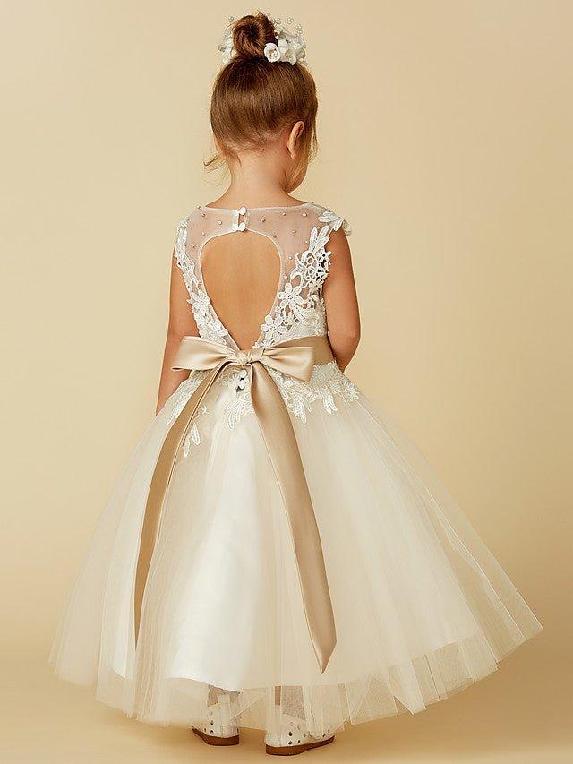 Ball Gown Lace Tulle Sleeveless Jewel Neck Wedding Party Pageant Flower Girl Dresses - View 2 | VelvetHem