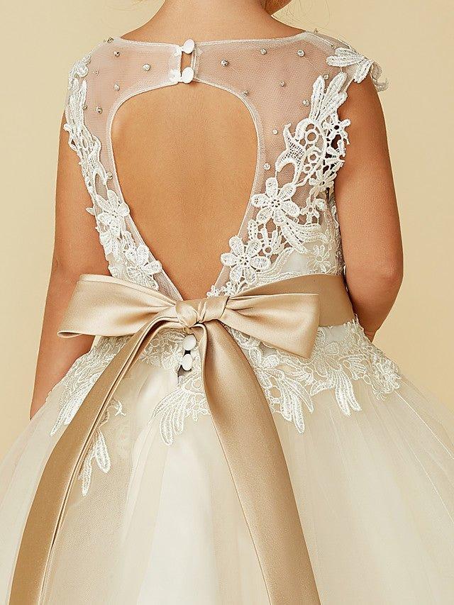 Ball Gown Lace Tulle Sleeveless Jewel Neck Wedding Party Pageant Flower Girl Dresses - View 9 | VelvetHem