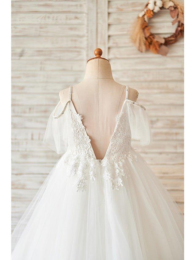 Ball Gown Lace Tulle Sleeveless V Neck Wedding Birthday Flower Girl Dresses - View 4 | VelvetHem