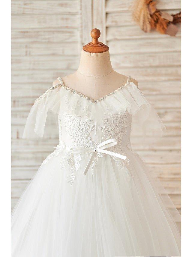 Ball Gown Lace Tulle Sleeveless V Neck Wedding Birthday Flower Girl Dresses - View 3 | VelvetHem