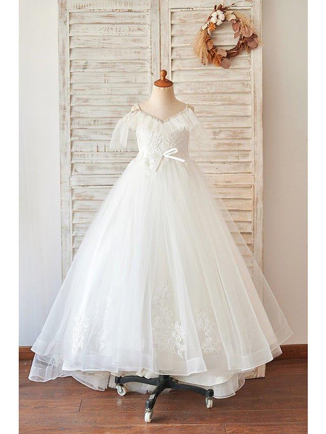 Ball Gown Lace Tulle Sleeveless V Neck Wedding Birthday Flower Girl Dresses - VelvetHem