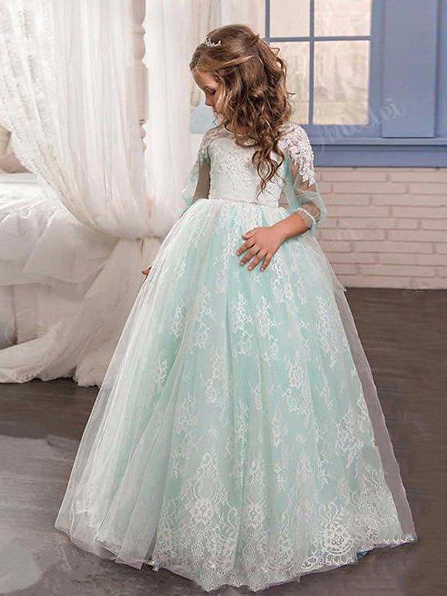 Ball Gown Lace Tulle Sweep Brush Train Wedding Party Flower Girl Dresses with Sleeves - VelvetHem