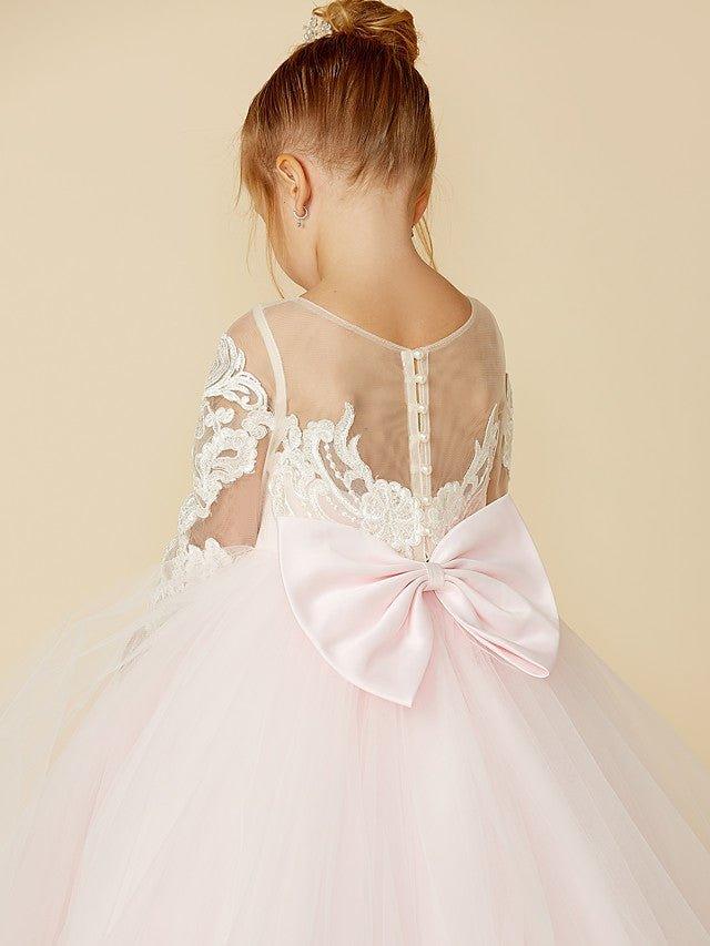 Ball Gown Lace Tulle Wedding Party Pageant Flower Girl Dresses with Sleeves