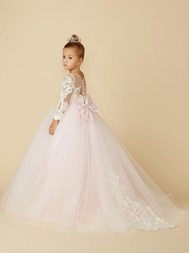 Ball Gown Lace Tulle Wedding Party Pageant Flower Girl Dresses with Sleeves - View 2 | VelvetHem