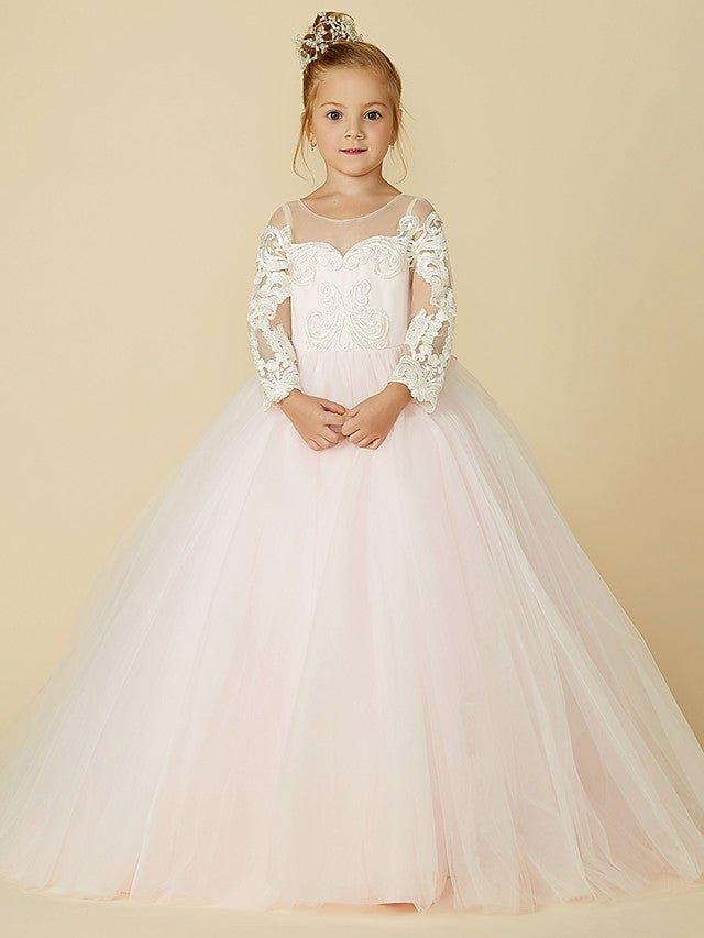 Ball Gown Lace Tulle Wedding Party Pageant Flower Girl Dresses with Sleeves - View 5 | VelvetHem