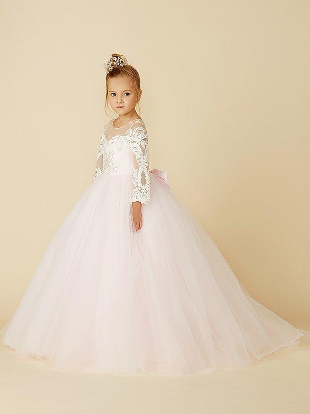 Ball Gown Lace Tulle Wedding Party Pageant Flower Girl Dresses with Sleeves - View 3 | VelvetHem