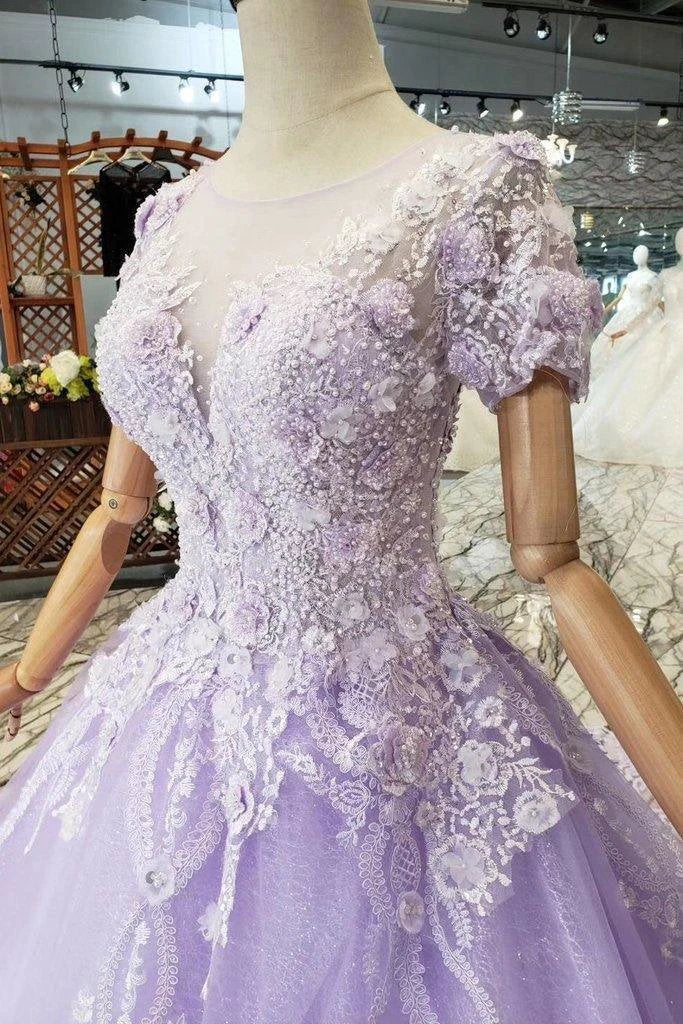Ball Gown Lilac Short Sleeves Prom Dresses Wedding Dresses with Lace (ZD15362)