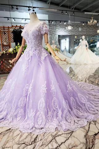 Ball Gown Lilac Short Sleeves Prom Dresses Wedding Dresses with Lace (ZD15362)