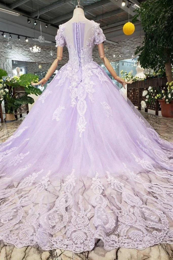 Ball Gown Lilac Short Sleeves Prom Dresses Wedding Dresses with Lace (ZD15362) - View 5 | VelvetHem