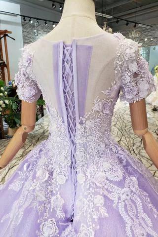 Ball Gown Lilac Short Sleeves Prom Dresses Wedding Dresses with Lace (ZD15362) - View 6 | VelvetHem