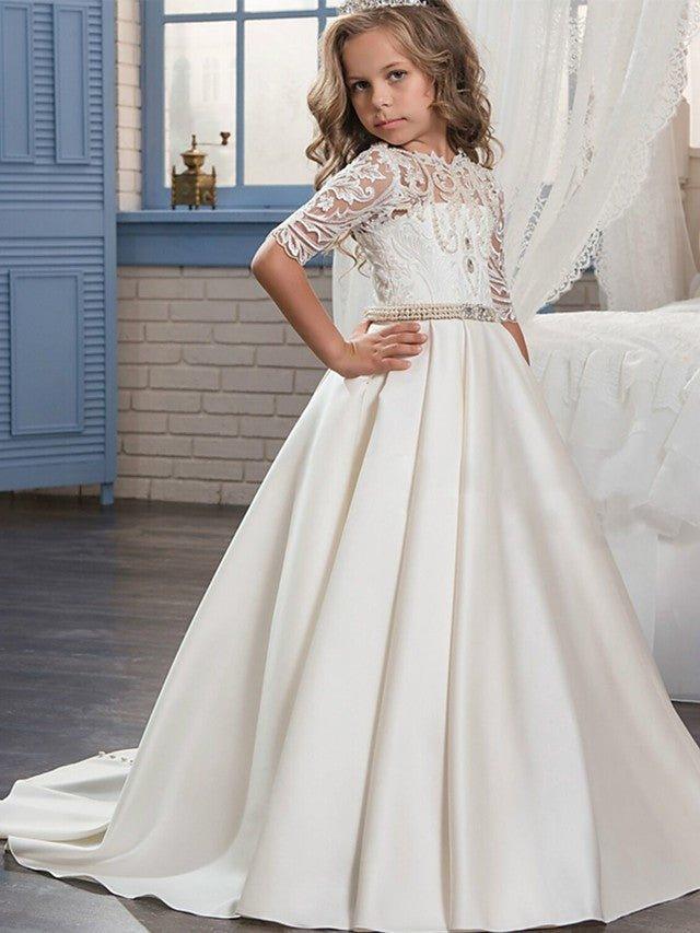Ball Gown Matte Satin Jewel Neck Sweep Brush Train Wedding Birthday Pageant Flower Girl Dresses with Sleeves - VelvetHem