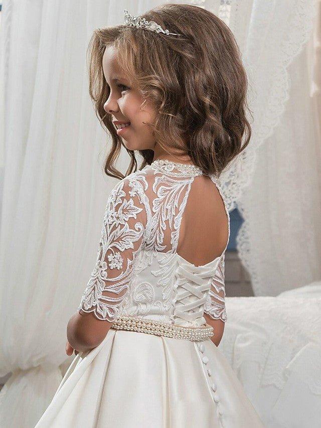Ball Gown Matte Satin Jewel Neck Sweep Brush Train Wedding Birthday Pageant Flower Girl Dresses with Sleeves - View 2 | VelvetHem