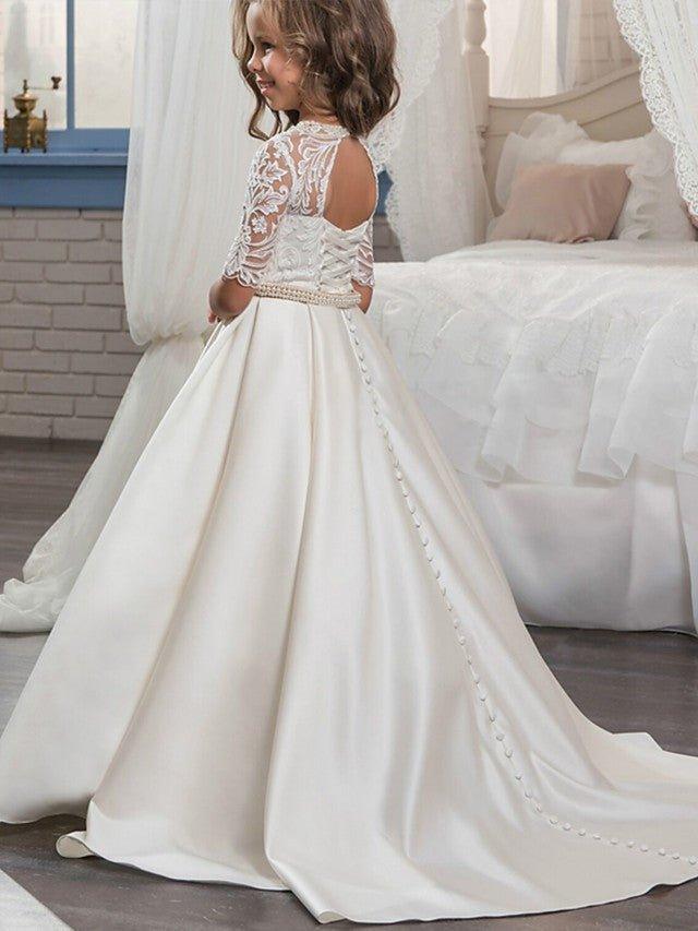 Ball Gown Matte Satin Jewel Neck Sweep Brush Train Wedding Birthday Pageant Flower Girl Dresses with Sleeves - View 3 | VelvetHem