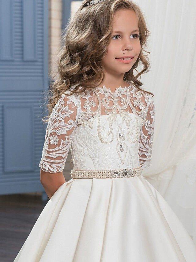 Ball Gown Matte Satin Jewel Neck Sweep Brush Train Wedding Birthday Pageant Flower Girl Dresses with Sleeves - View 4 | VelvetHem