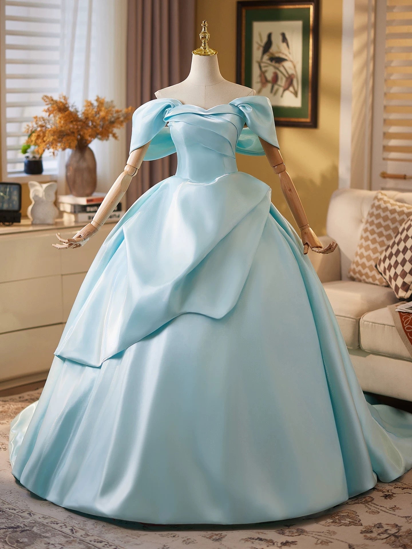 Ball Gown Off Shoulder A-Line Satin Sweep Train Blue Long Prom Dresses