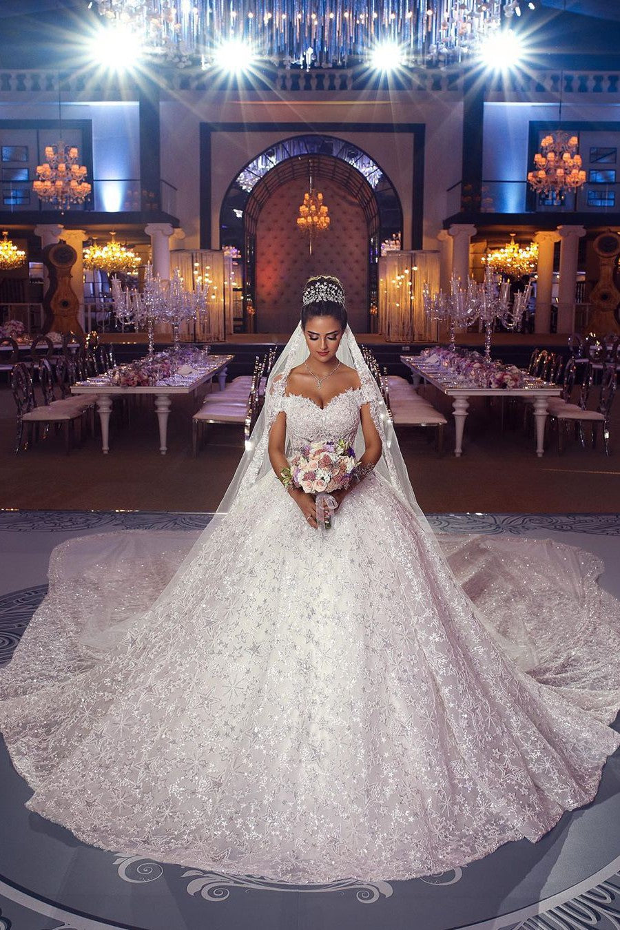 Ball Gown Off-the-shoulder Floor-Length Tulle Lace Applique Crochet Flower Wedding Dress