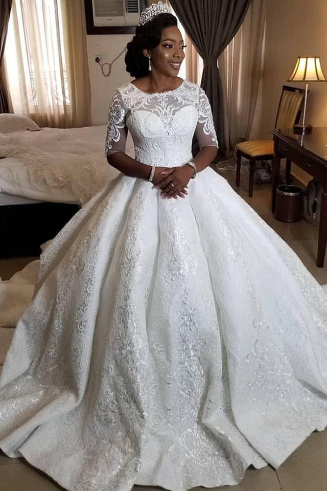 Ball Gown Round Collar Long Sleeves Floor-Length Charmeuse Crochet Flower Wedding Dress