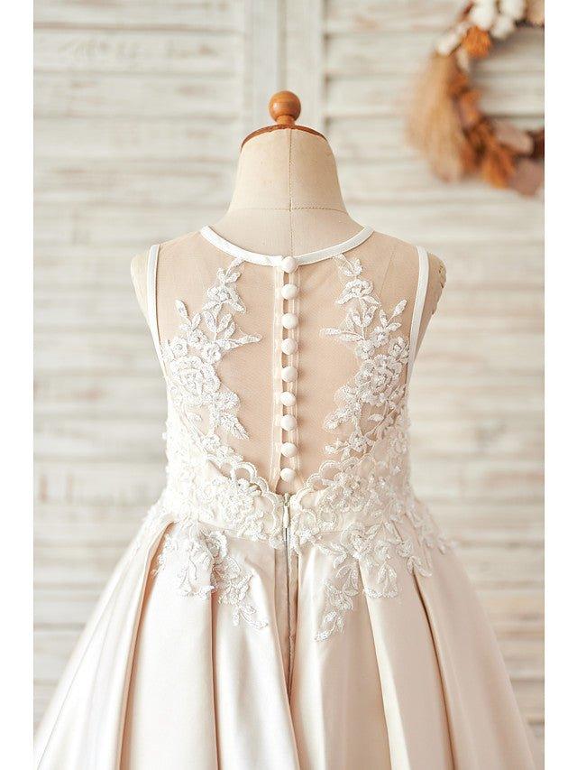 Ball Gown Satin Sleeveless Jewel Neck Wedding Birthday Flower Girl Dresses - View 4 | VelvetHem