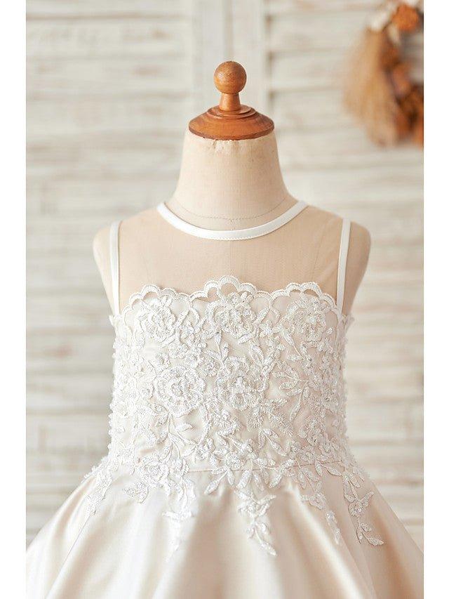 Ball Gown Satin Sleeveless Jewel Neck Wedding Birthday Flower Girl Dresses - View 3 | VelvetHem