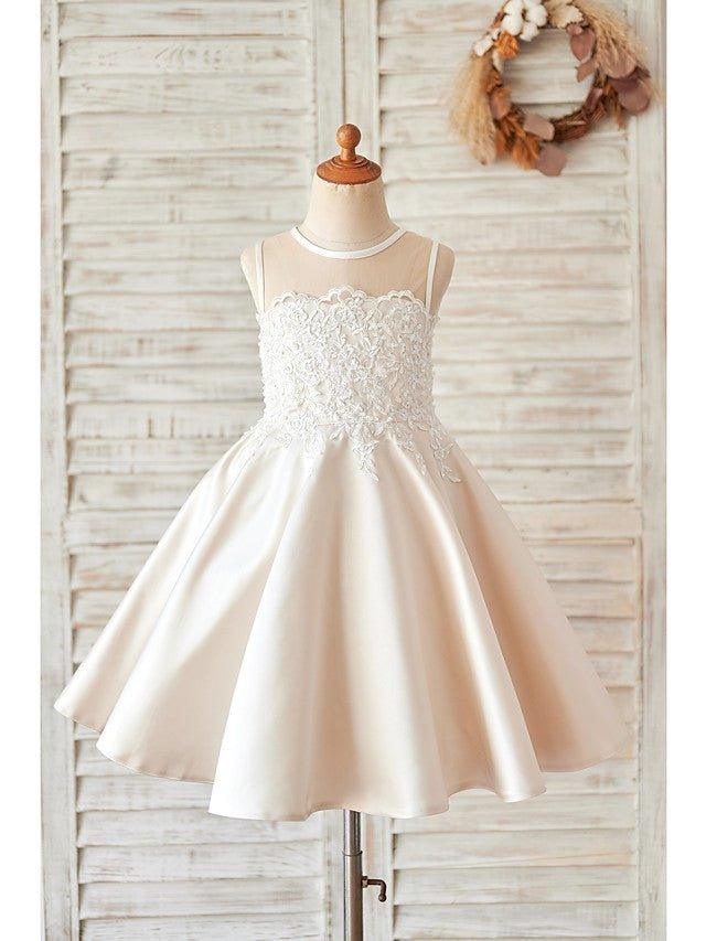 Ball Gown Satin Sleeveless Jewel Neck Wedding Birthday Flower Girl Dresses - VelvetHem