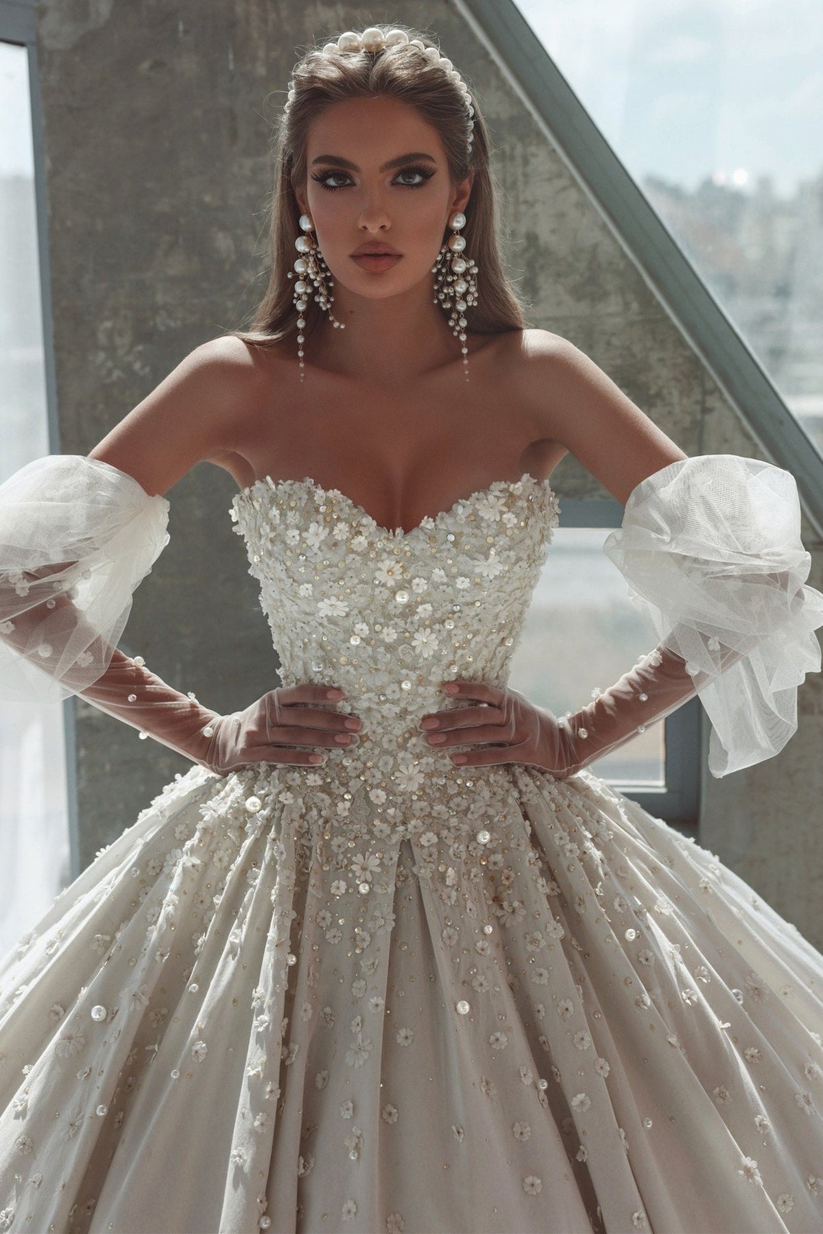 Ball Gown Sequined Strapless Sweetheart Gloves Floor-Length Sleeveless Open Back Wedding Dress