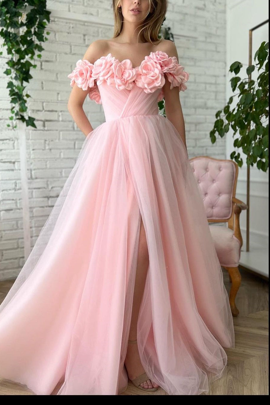 Ball Gown Strapless Asymmetrical Applique Off-the-shoulder Floor-Length Prom Dress