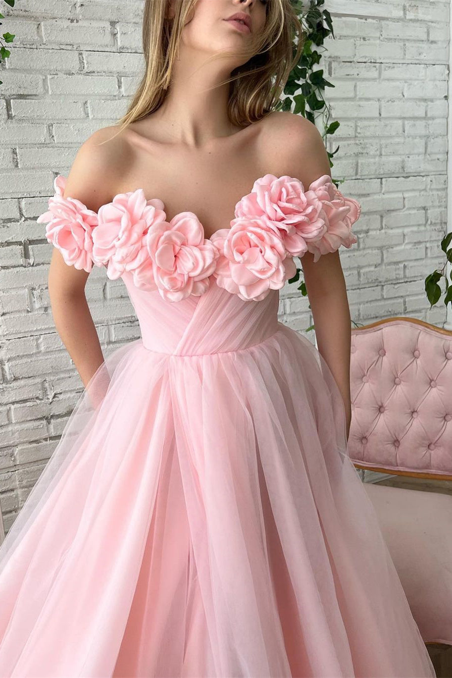 Ball Gown Strapless Asymmetrical Applique Off-the-shoulder Floor-Length Prom Dress