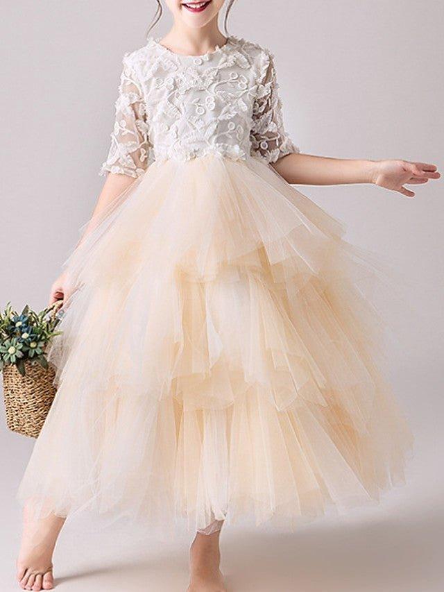Ball Gown Tulle Jewel Neck Pageant Flower Girl Dresses With Sleeves - VelvetHem
