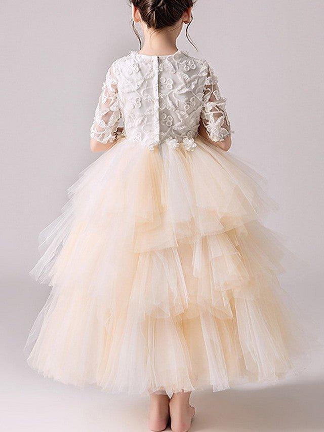 Ball Gown Tulle Jewel Neck Pageant Flower Girl Dresses With Sleeves - View 4 | VelvetHem