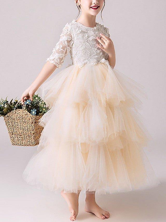 Ball Gown Tulle Jewel Neck Pageant Flower Girl Dresses With Sleeves - View 2 | VelvetHem
