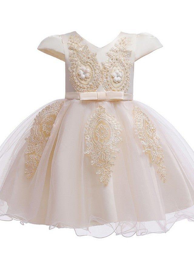 Ball Gown Tulle Short Sleeve V Neck Wedding Party Flower Girl Dresses - View 8 | VelvetHem