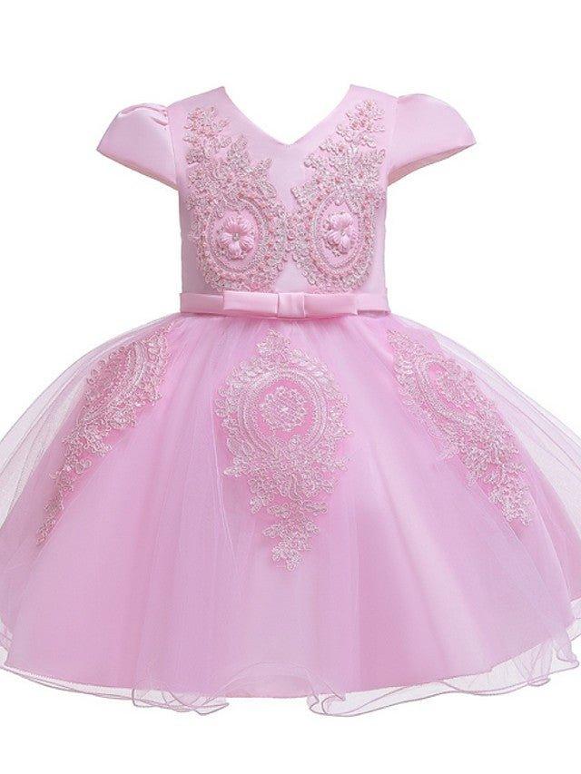 Ball Gown Tulle Short Sleeve V Neck Wedding Party Flower Girl Dresses - View 6 | VelvetHem
