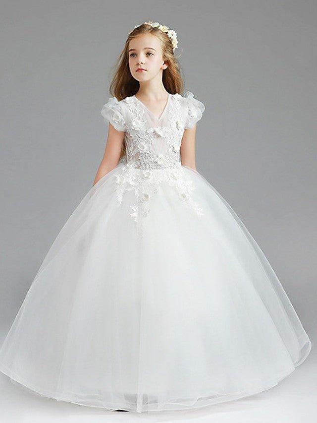 Ball Gown Tulle Short Sleeve V Neck Wedding Party Flower Girl Dresses - View 2 | VelvetHem