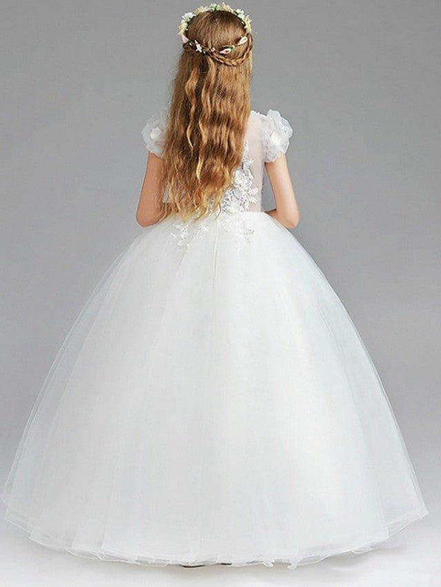 Ball Gown Tulle Short Sleeve V Neck Wedding Party Flower Girl Dresses - View 4 | VelvetHem