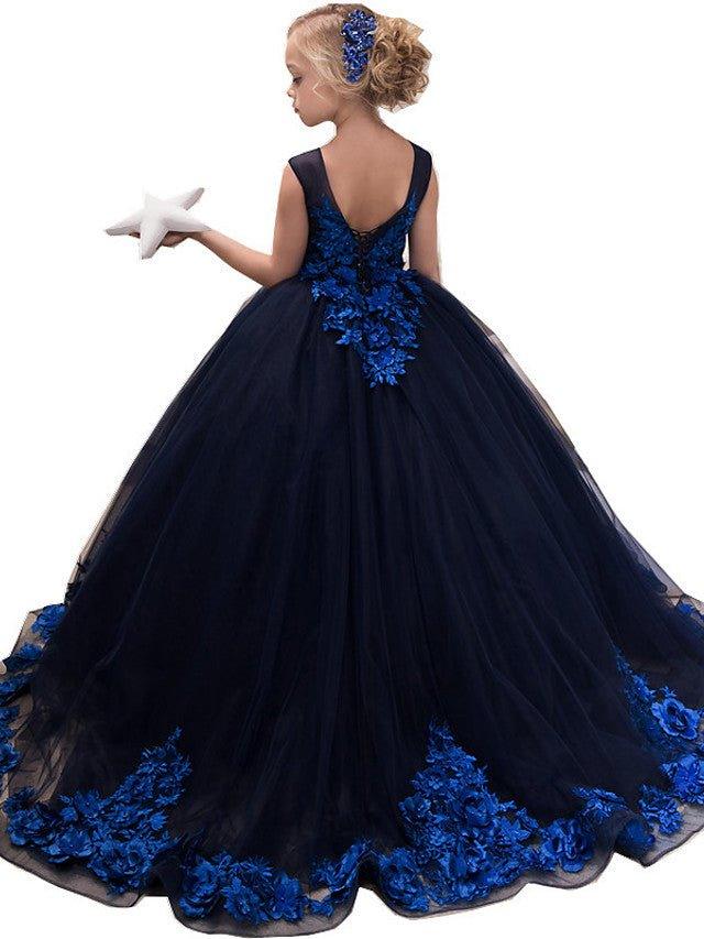 Ball Gown Tulle Sleeveless Jewel Neck Sweep Brush Train Wedding Party Flower Girl Dresses - View 3 | VelvetHem