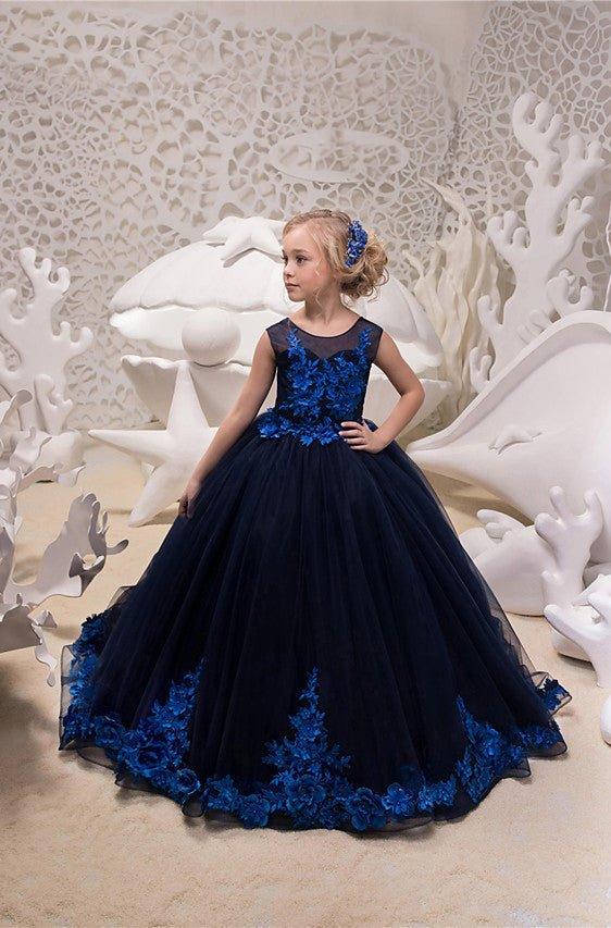 Ball Gown Tulle Sleeveless Jewel Neck Sweep Brush Train Wedding Party Flower Girl Dresses - VelvetHem