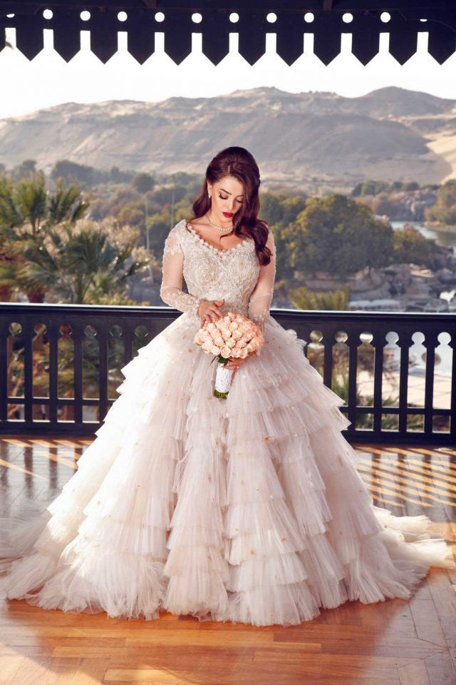 Ball Gown V-Neck Long Sleeves Floor-Length Tulle Jewel Applique Evening Dress