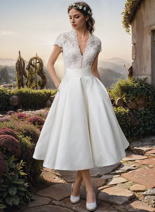 Ball-Gown V-Neck Short Sleeves Tea-Length Lace Satin Wedding Dresses