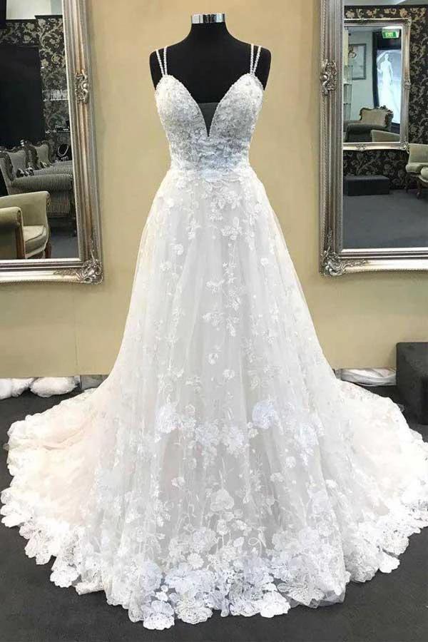 Ball Gown V Neck Spaghetti Straps Ivory Lace Long Wedding Dresses (ZD15382) - VelvetHem