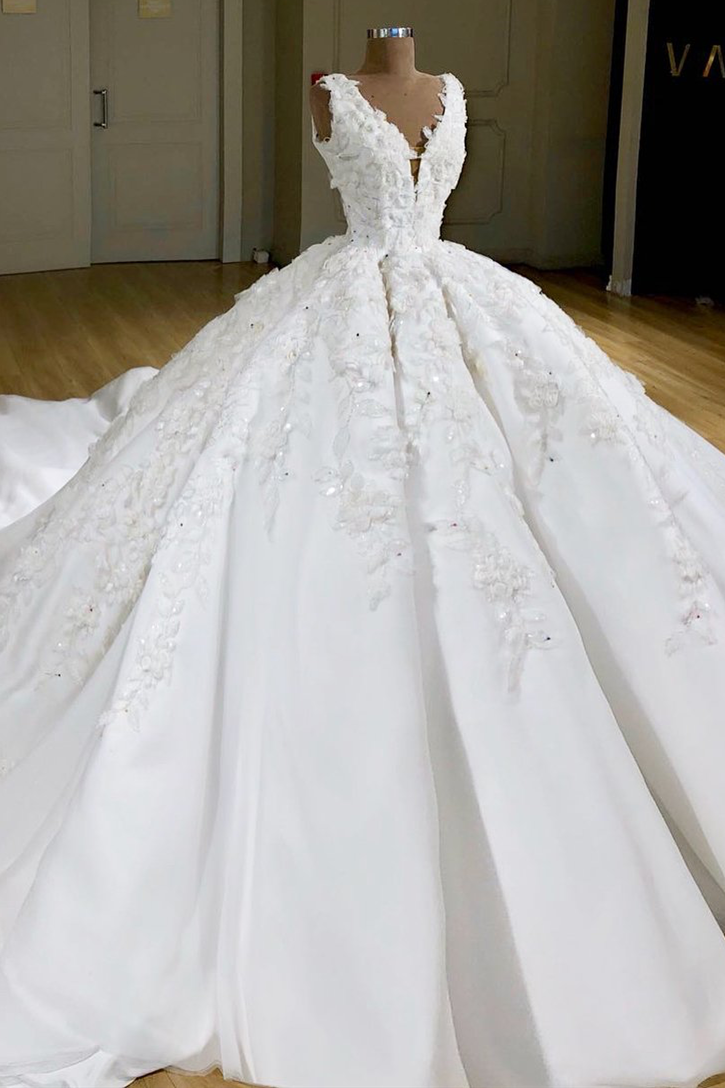 Ball Gown V-Neck Wide Strap Short Train Tulle Applique Wedding Dress